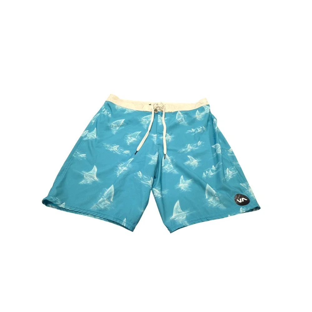 RVCA Board Shorts Mens 34 Turquoise Blue Shark Fin Print Stretch Surf Swim Trunk